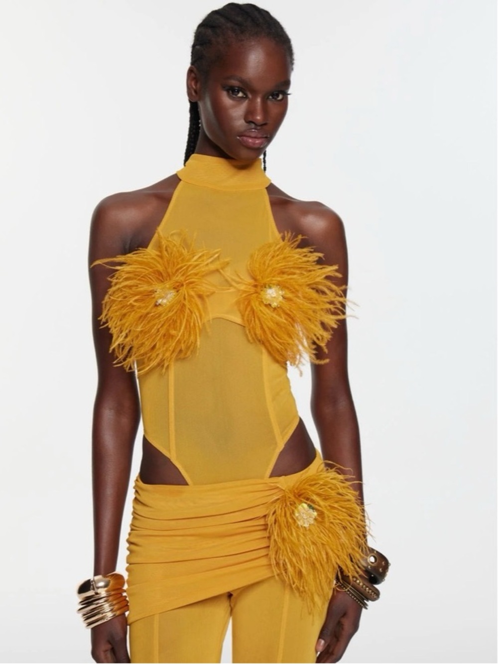 The Kript Velora Bodysuit Yellow Feminine Feather Bodysuit Size XL